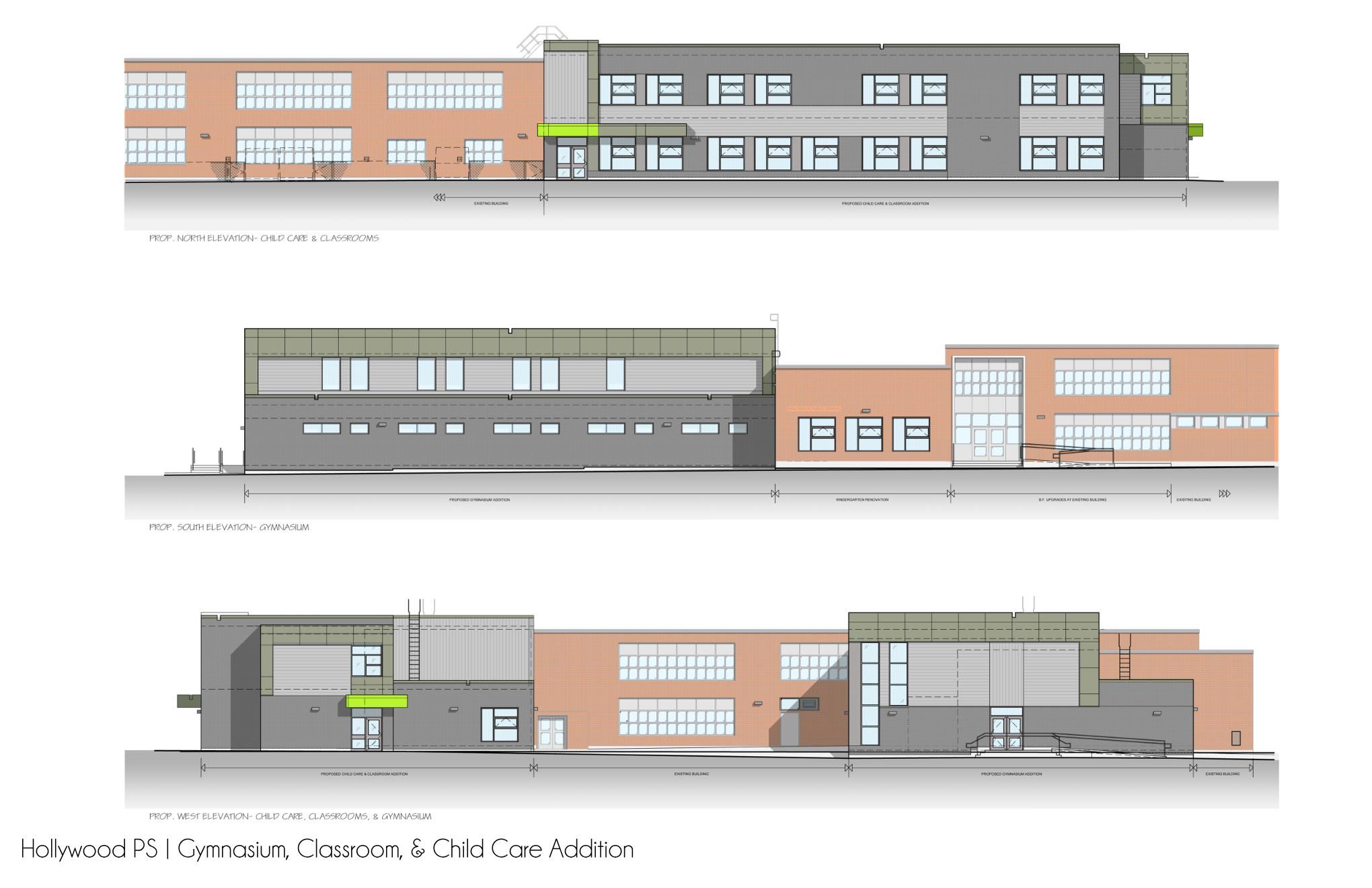 Architectural elevation drawing. The elevation at the top of the drawing is depicting the north elevation of the school looking from the future parking lot. The elevation in the middle of the drawing is depicting the south elevation of the school looking from Hollywood Ave. The elevation at the bottom of the drawing is depicting the west elevation of the school looking from the playfield. Open Gallery